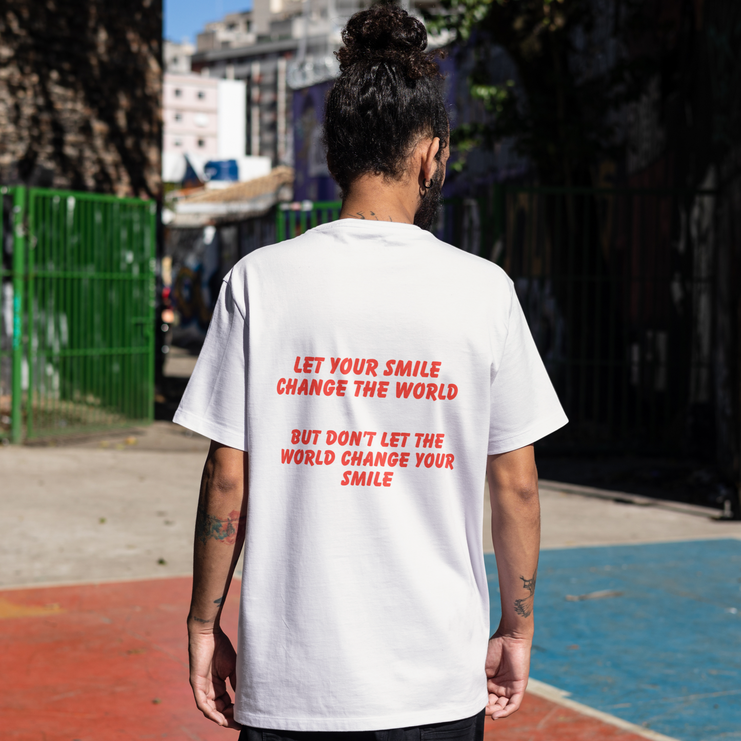 Don't Let The World Change Your Smile Front & Back Printed Half Sleeves T-Shirt